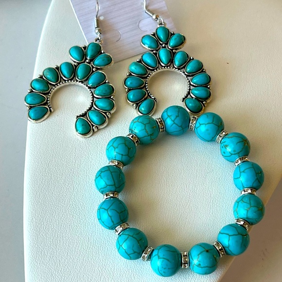 Turquoise Teal Blue Bracelet Earrings Dangle Drop Jewelry Set 2Pc - Picture 3 of 4